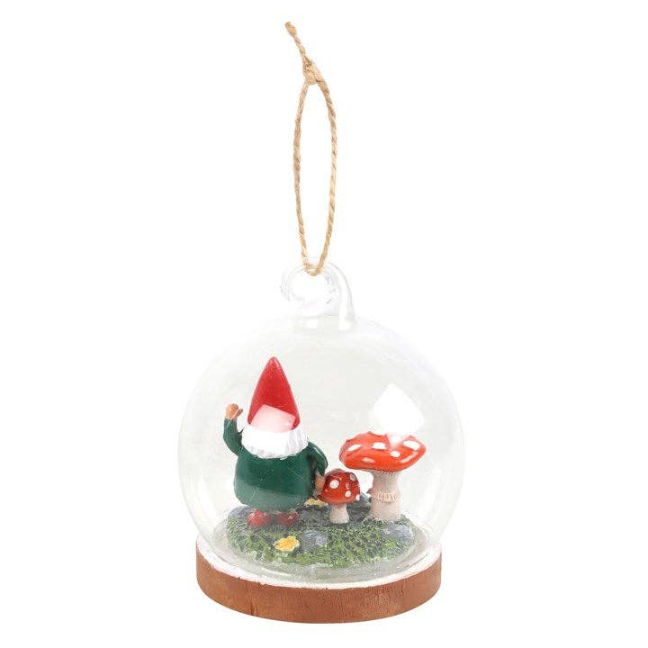 Hanging Glass Dome Decoration with Gnome and Mushrooms