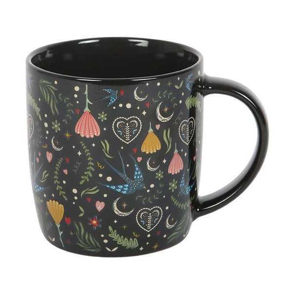 Midnight Bloom Black Folk Floral Mug