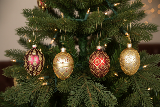 Set of 4 red and gold oval Christmas baubles