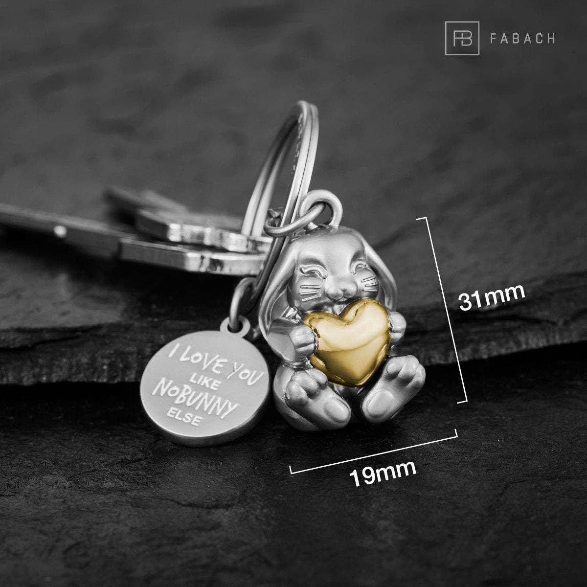 "I love you like no bunny else" bunny-shaped keychain with engraving. Cute lucky charm with a heart