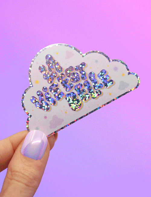 Lettrage – nuage la vie est belle Autocollant à paillettes | Joanna Behar – vue 1
