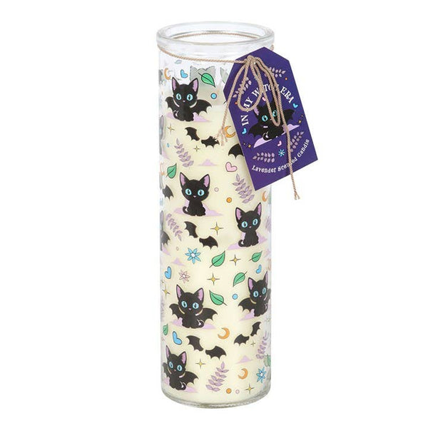 Lavender pillar candle with cute spooky bat cat print