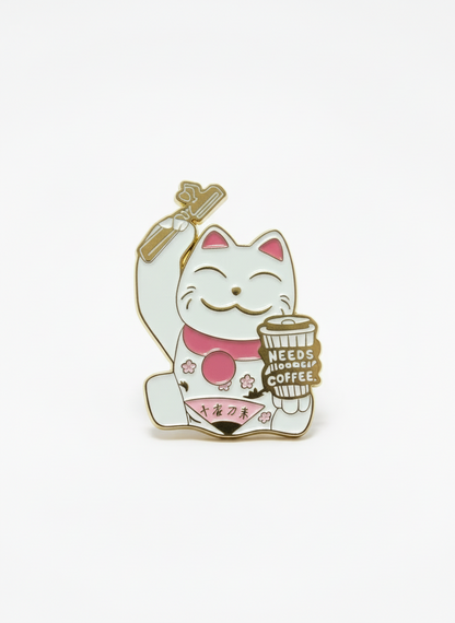 Lucky Cat Pin “Needs Coffee”