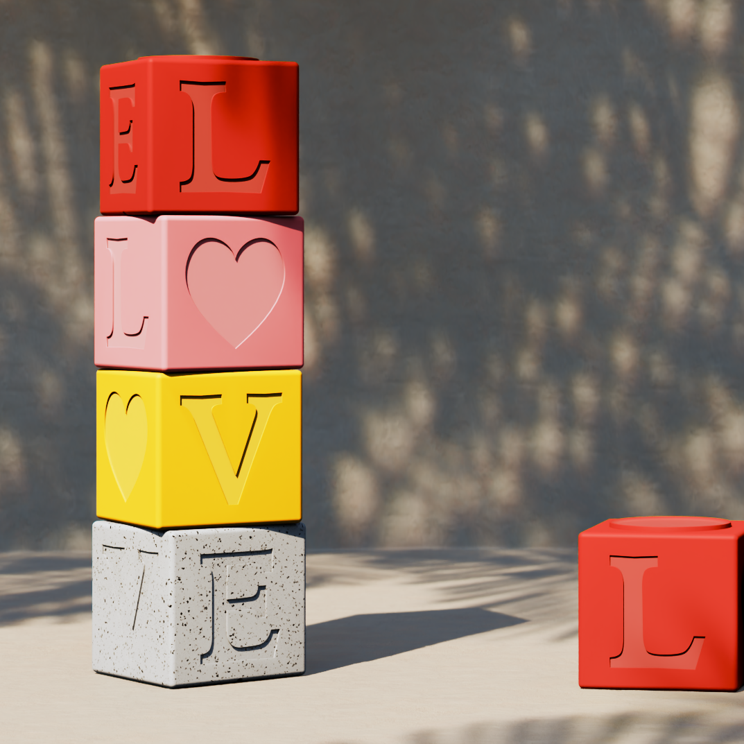 LOVE TOTEM – stapelbare Sitzgelegenheiten/Tische – Set mit 4 Würfeln