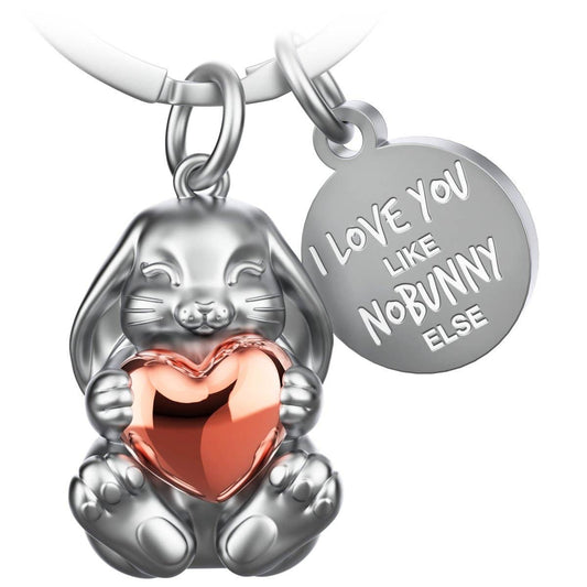 "I love you like no bunny else" bunny-shaped keychain with engraving. Cute lucky charm with a heart