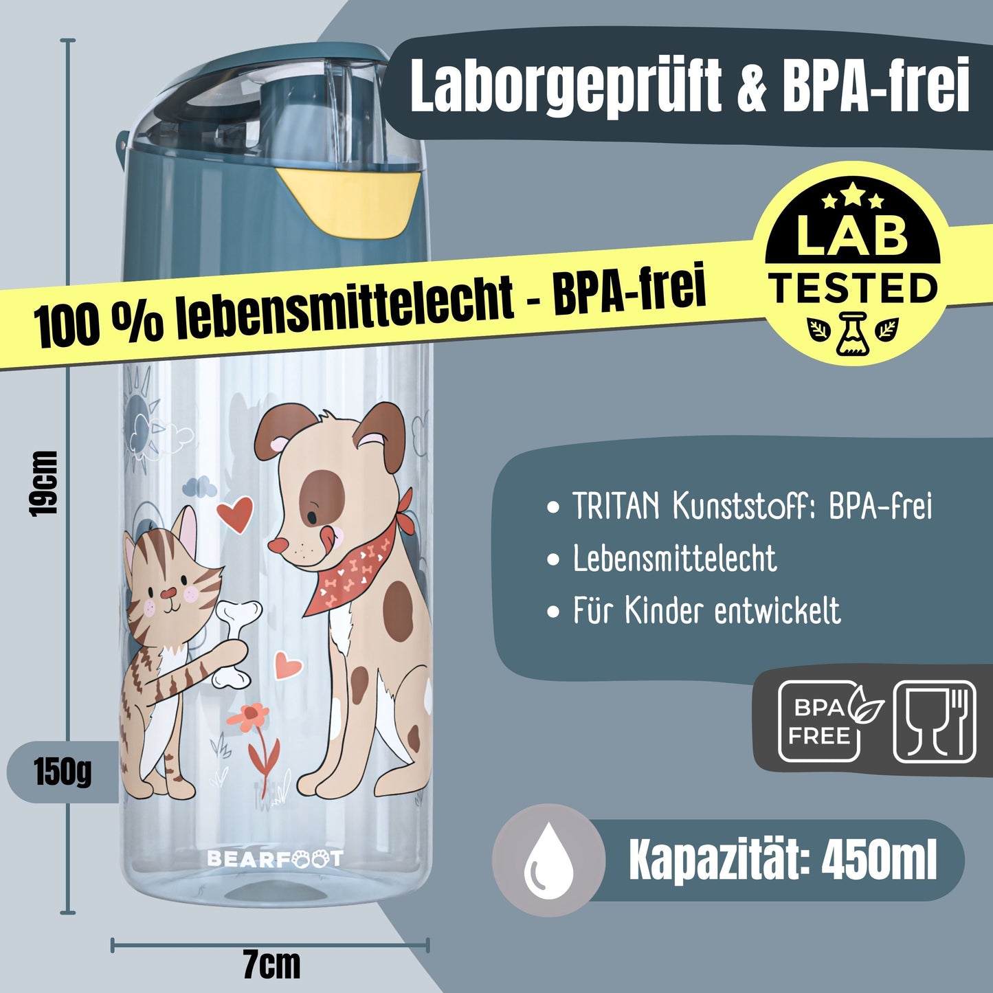 Children's Lightweight Water Bottle - Dog & Cat Blue