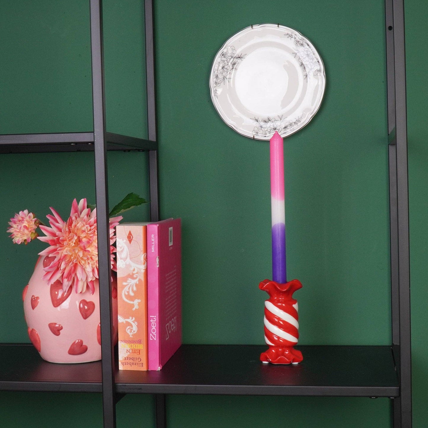 Bougeoir - Bonbon Toffee - Céramique - Rouge/Blanc - 7,5x7,5x13 cm