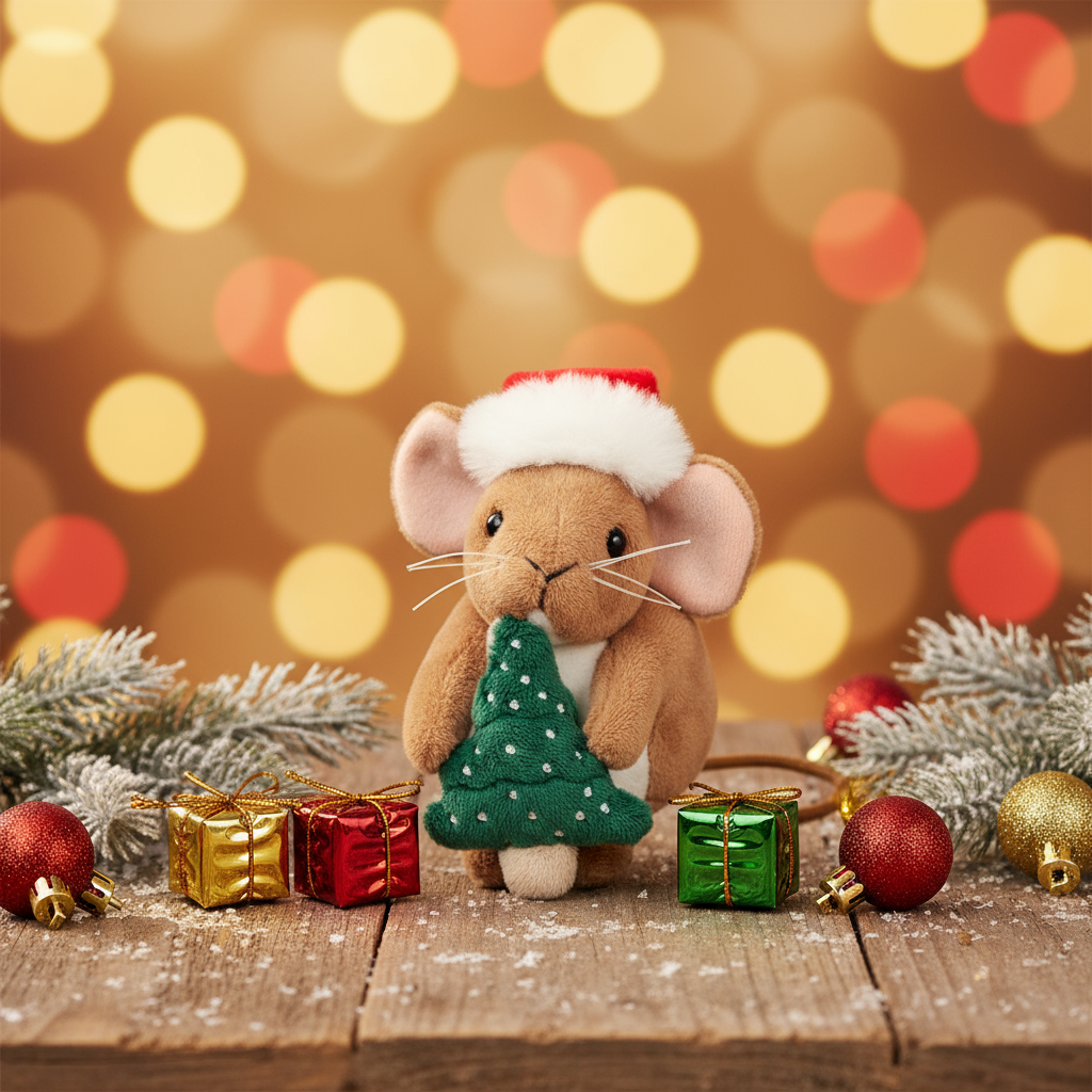 Topolino di Natale con Albero in Peluche – 11 cm