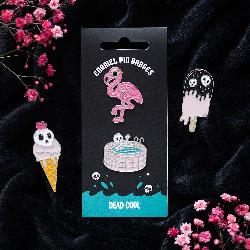 Dead Cool Summer Pin - Skeleton and Flamingo