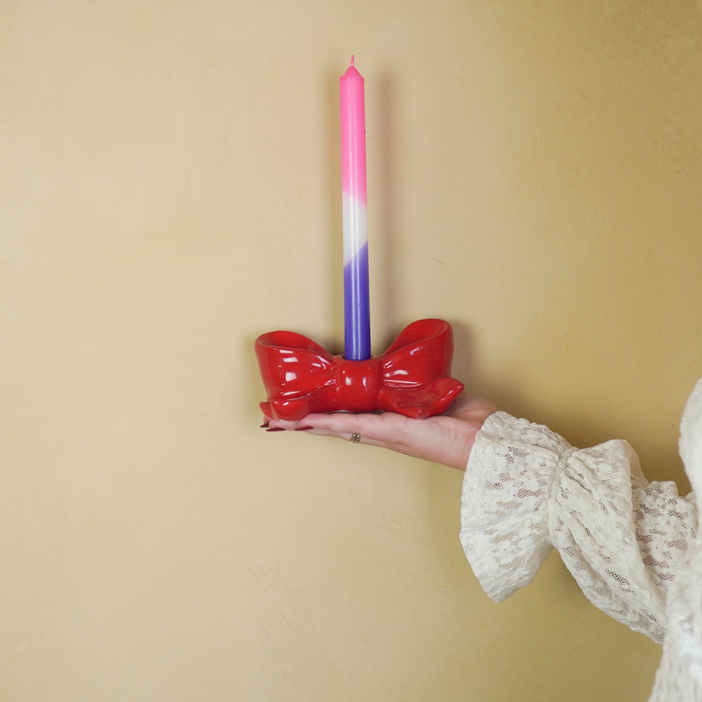 Bougeoir - Nœud - Céramique - Rouge - 18x9x7 cm