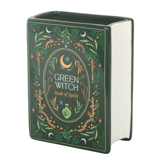 Green witch book-shaped vase