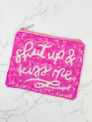 Pochette Zippée à Perles « Shut Up & Kiss Me »