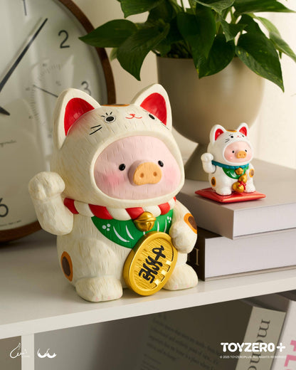 LuLu the Piglet - Maneki Lu (calico cat) — 18cm wooden sculpture