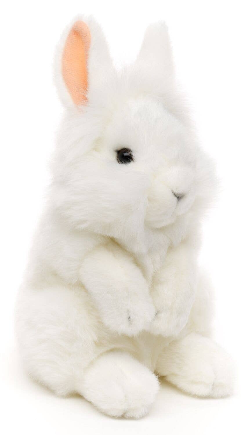 Standing white angora rabbit plush toy