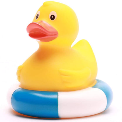 canard de bain dans une bouee bleu