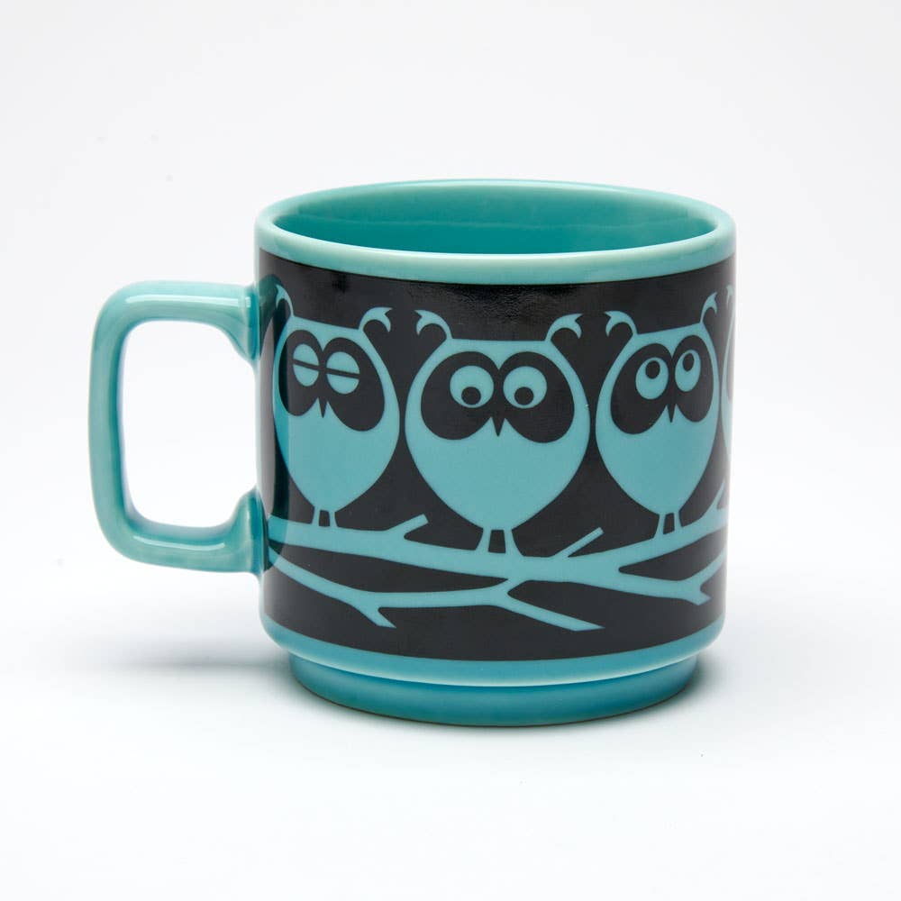 Magpie x Hornsea mug with owl on branch design, teal