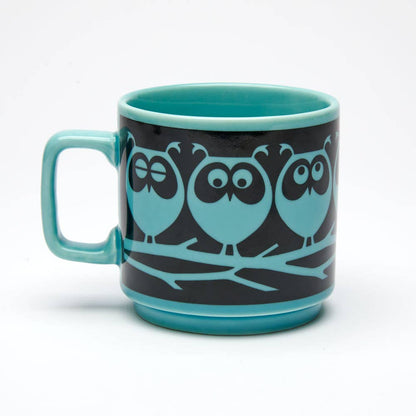 Magpie x Hornsea mug with owl on branch design, teal