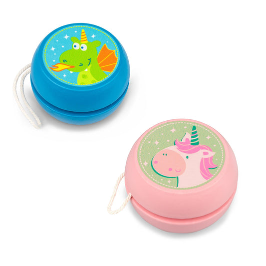 WOODEN UNICORN AND DRAGON YO-YOS - BROWN INTERIOR BOX