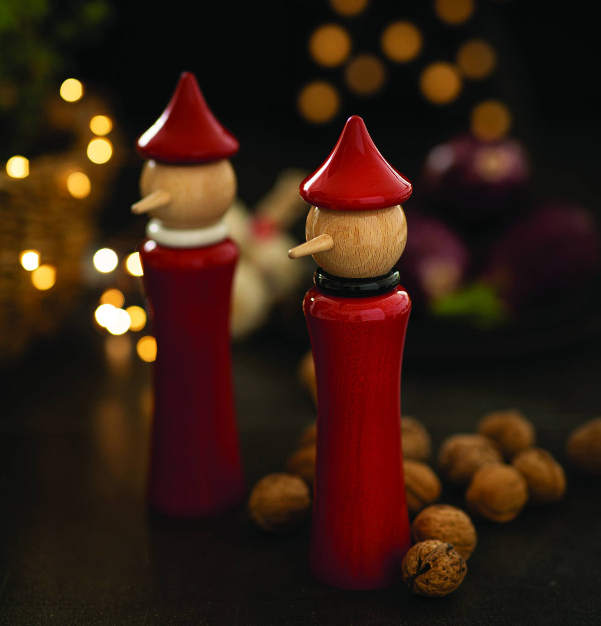 "Pinocchio" spice grinder, red/black lacquered beech