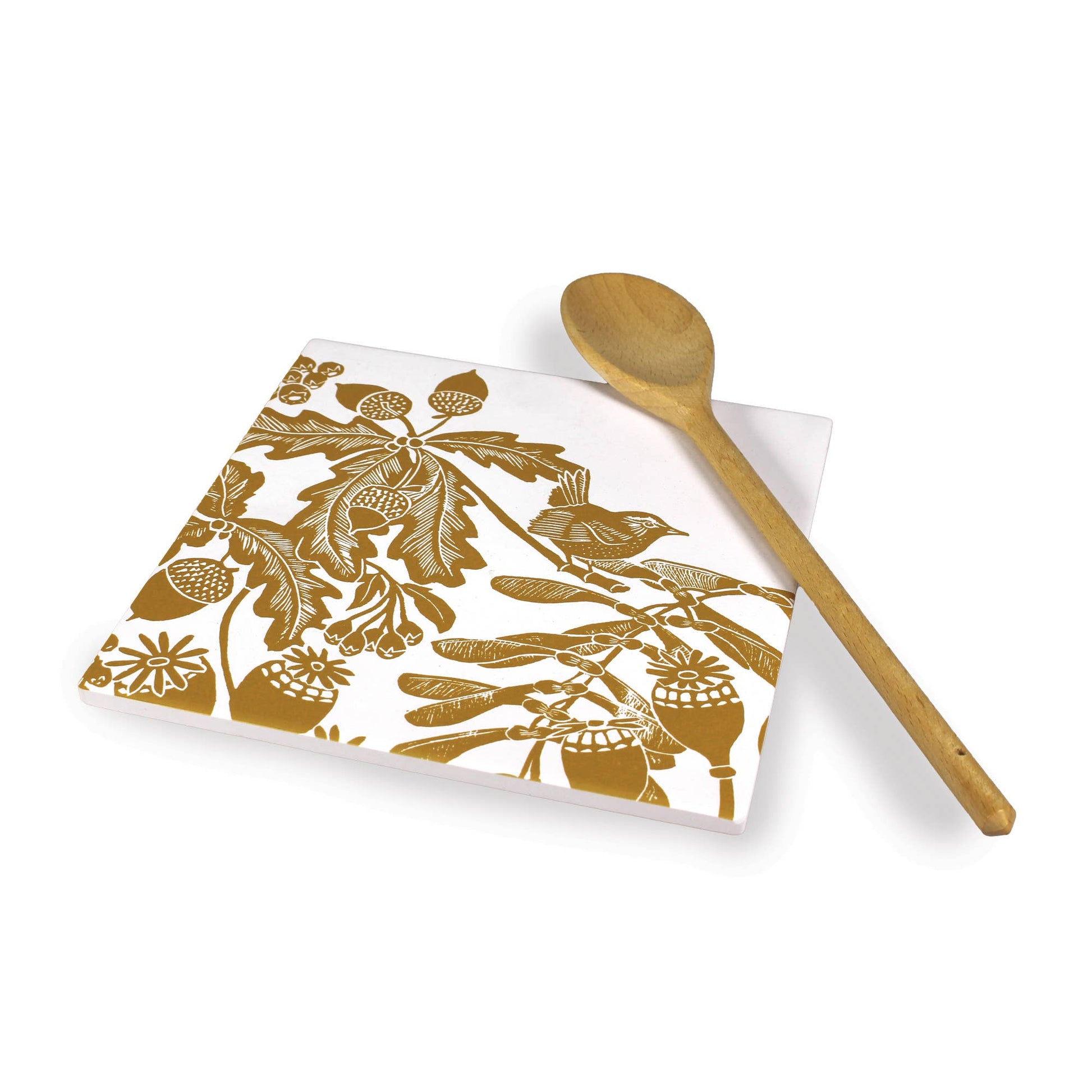 Dessous-de-plat en céramique Woodland Thistle Motif Oiseau Jaune ocre