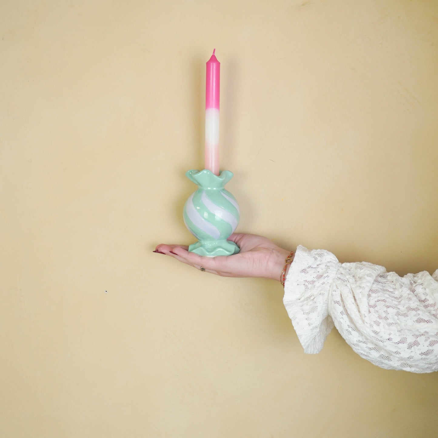 Round Toffee Candy Candle Holder - Ceramic - Mint/Lilac - 8.5x8.5x13 cm