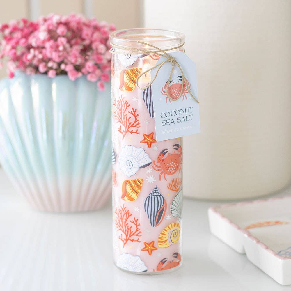 Bougie Tubulaire Côtière à Imprimé Coquillage Pastel & Noix de Coco et Sel Marin