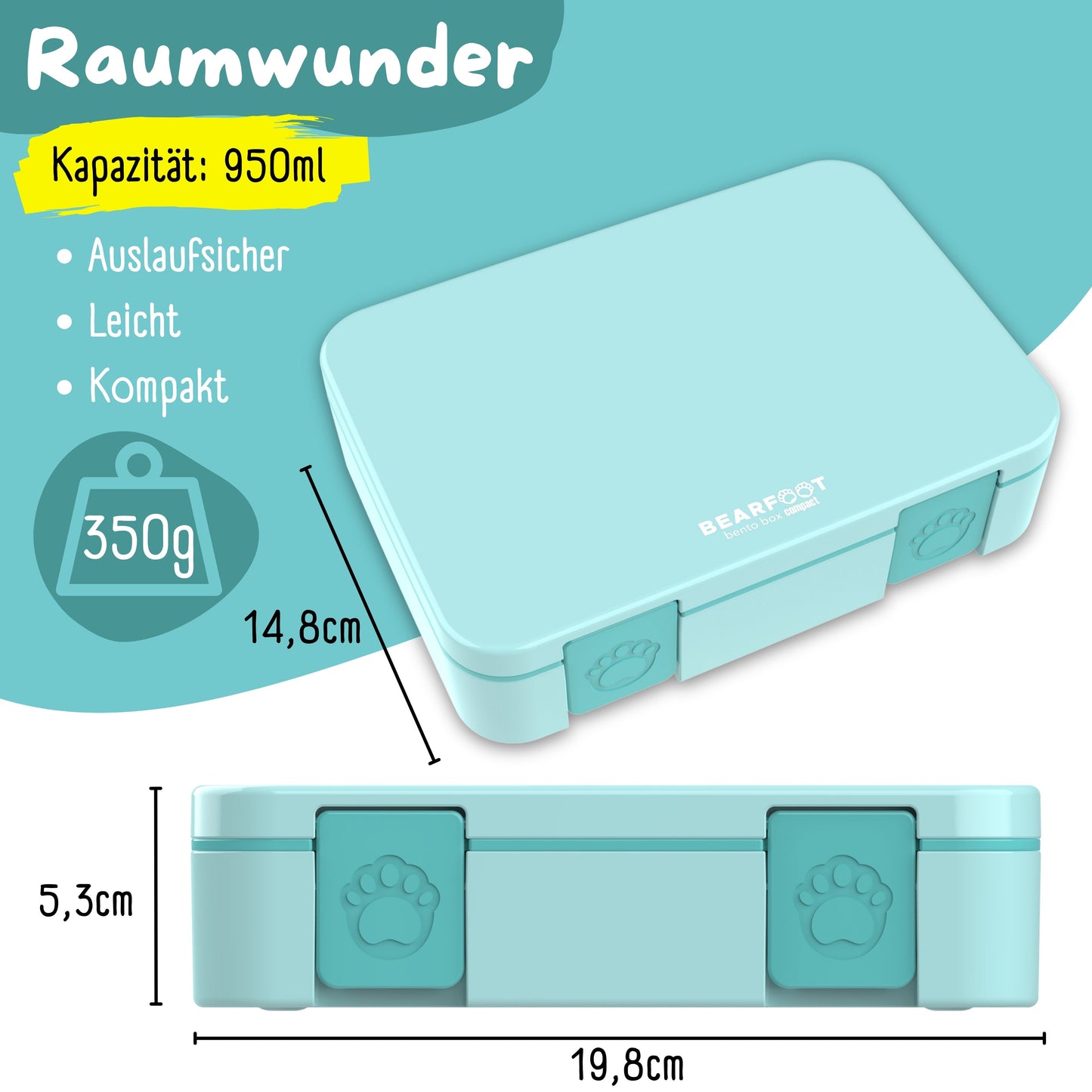 Lunch box with compartments, lightweight & leak-proof - mint