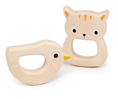 Mentari Bambino: ANNEAU DE DENTITION OISEAU & CHAT (8x1,5x5,5cm & 6x1,5x8cm), en bois, en boîte, 4m+