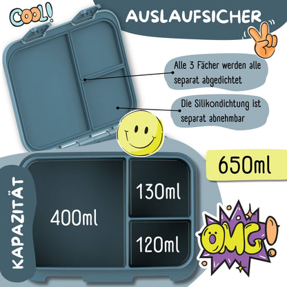Lunch box with compartments, lightweight & leak-proof - Dinos blue