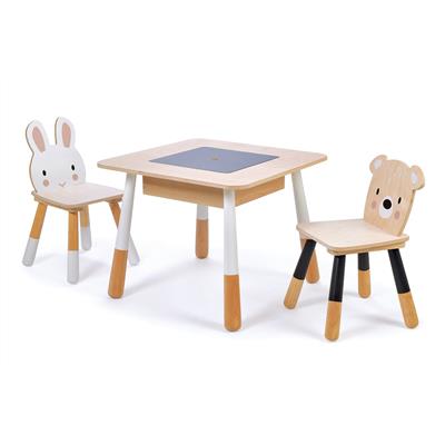 Tender Leaf Meubles: SET DE TABLE ET CHAISES FORÊT 116x56x51,5cm, table avec un compartiment caché sous un panneau central de crayon, 2 chaises: lapin et ours, en bois, en boîte 63,5x63,5x14cm, 3+