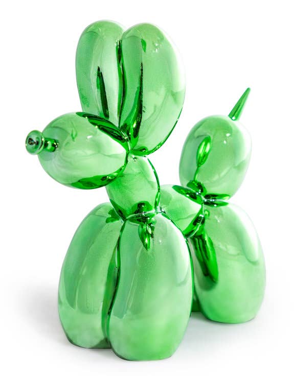 Large decorative figurine of a dog with an electric green balloon.