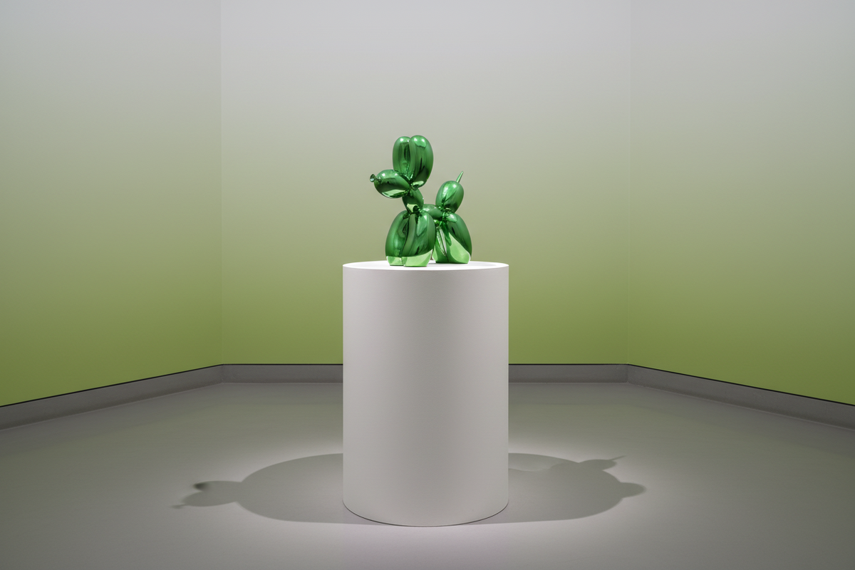 Large decorative figurine of a dog with an electric green balloon.