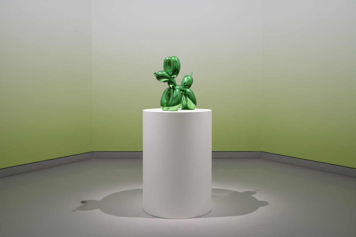 Large decorative figurine of a dog with an electric green balloon.