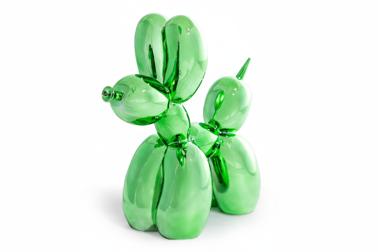 Large decorative figurine of a dog with an electric green balloon.