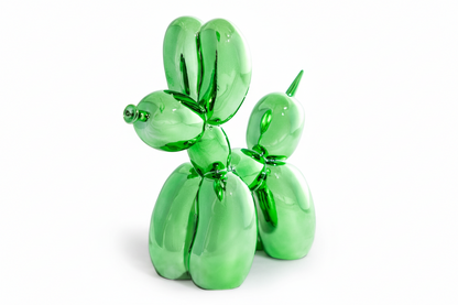 Large decorative figurine of a dog with an electric green balloon.