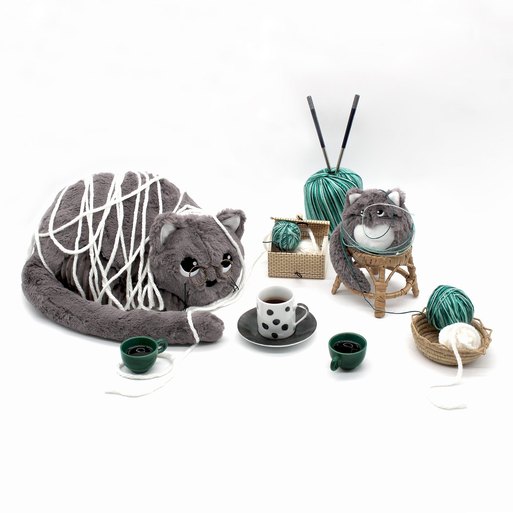 Peluche chat Miaou maman et son bébé vert menthe – Les Ptipotos – vue 4