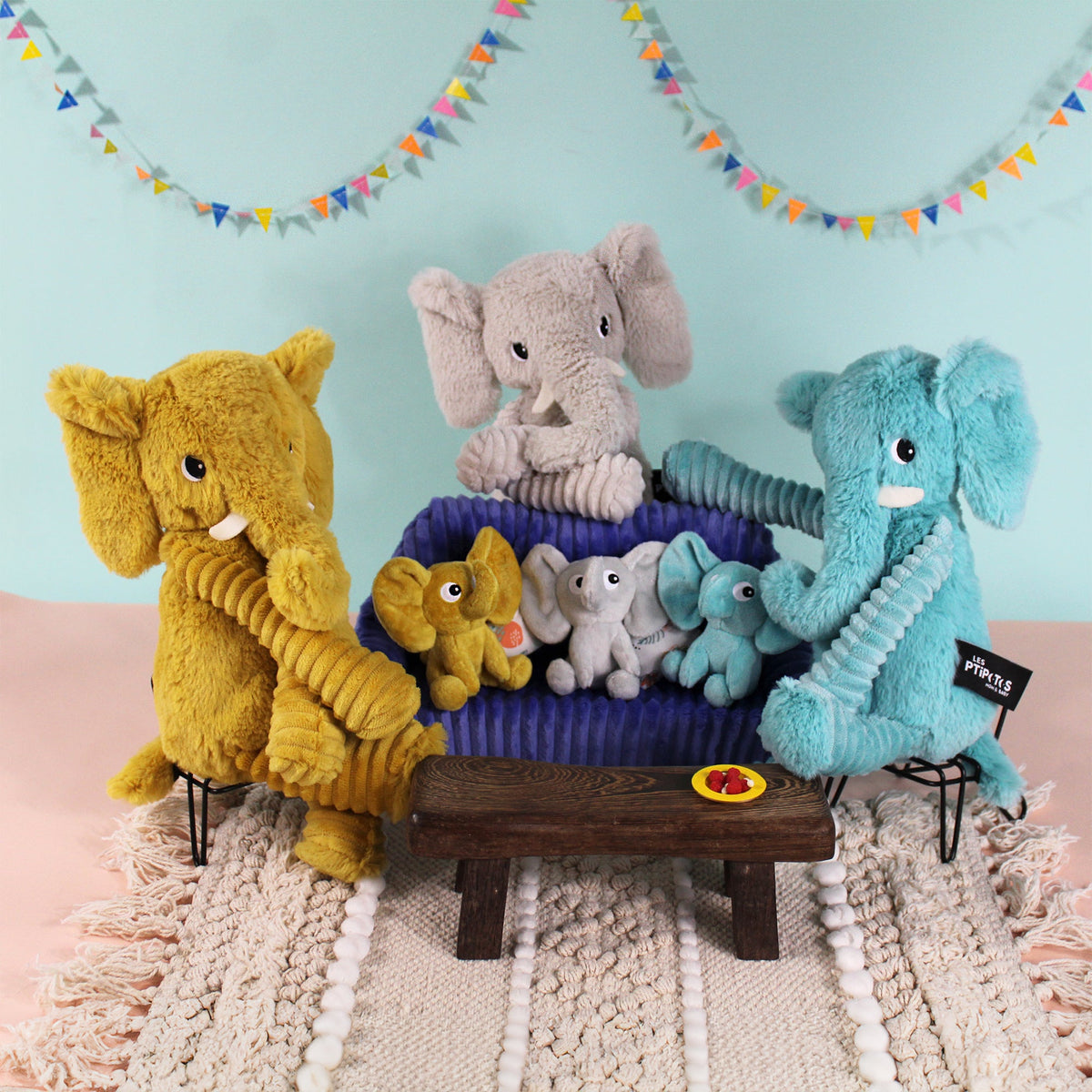 Peluche éléphant Dimoitou maman et son bébé bleu aqua – Les Ptipotos