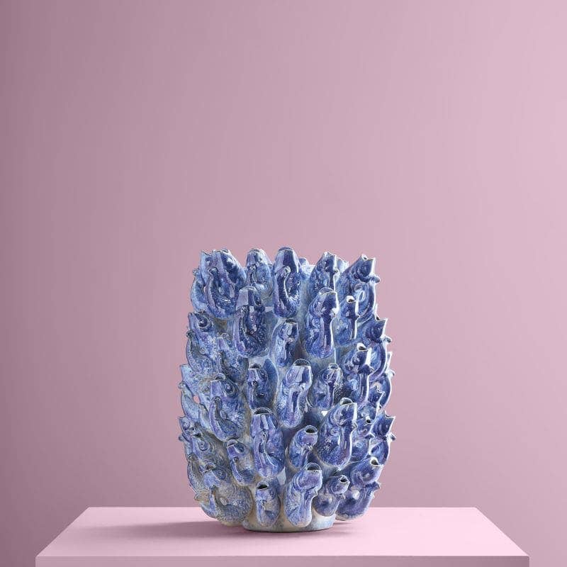 Fish school vase, blue stoneware, 24 x 24 x 32 cm