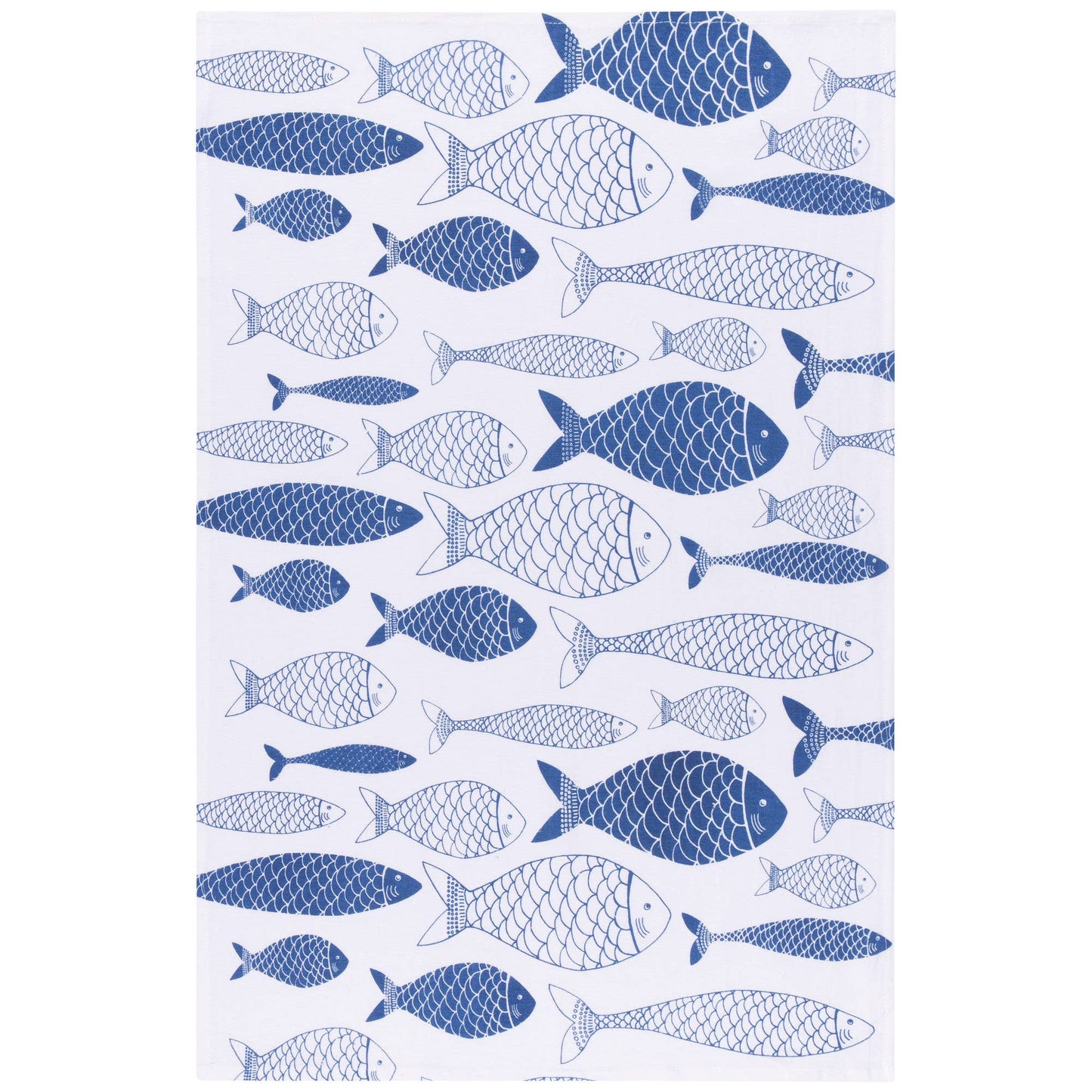 Set of 2 Floursack royal blue fish-patterned dish towels