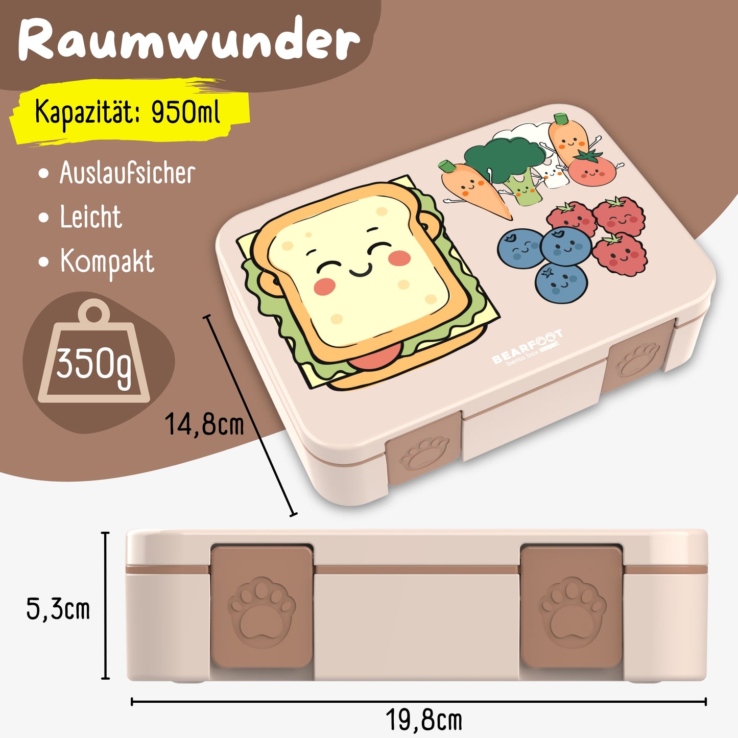 Lunch Box with Compartments, Lightweight & Leakproof -Sandwich Brown