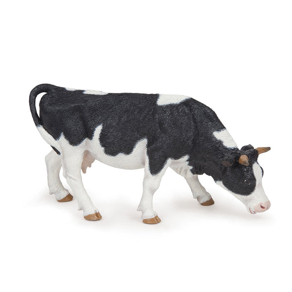Figurine Vache noire et blanche broutant Papo - animal de la ferme