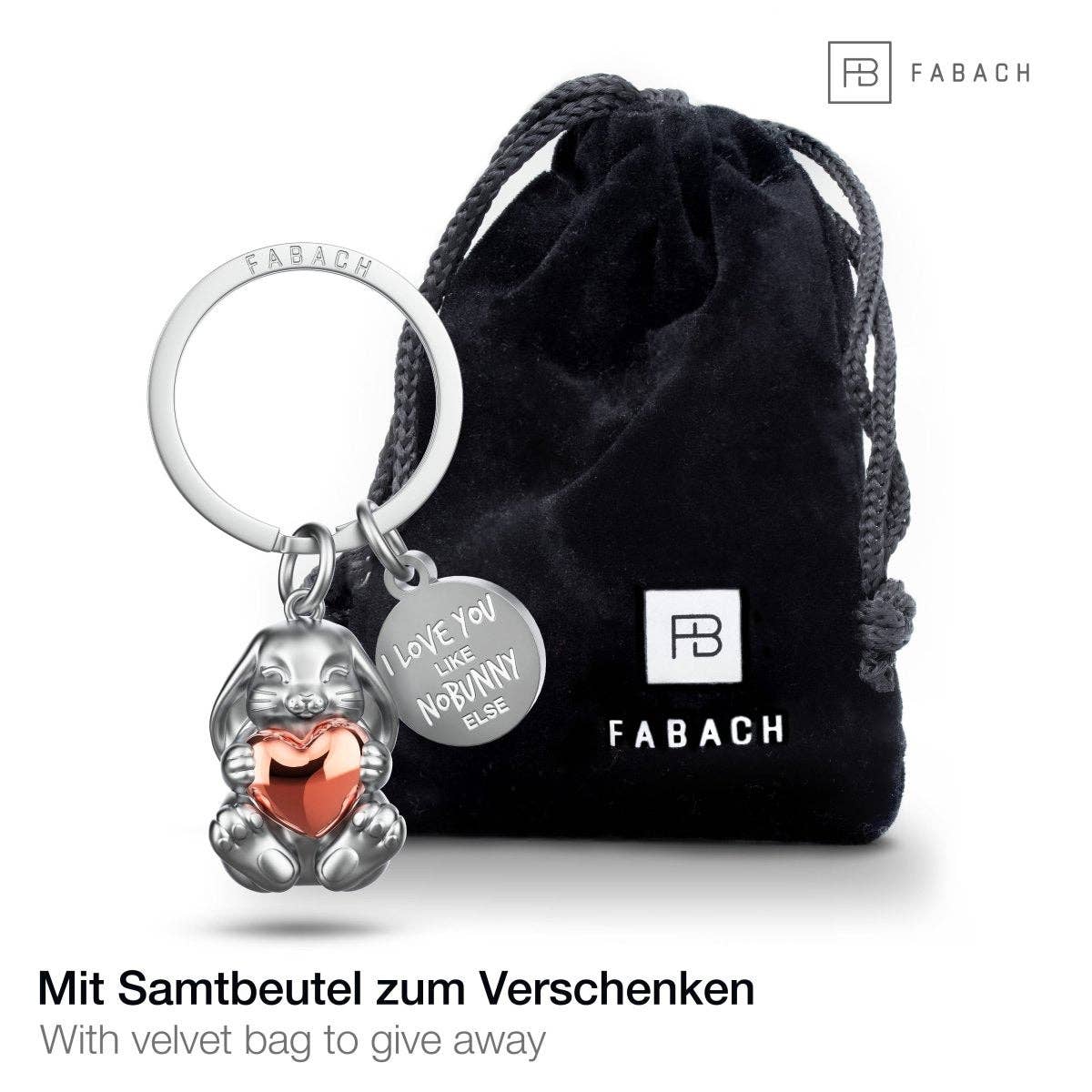 "I love you like no bunny else" bunny-shaped keychain with engraving. Cute lucky charm with a heart