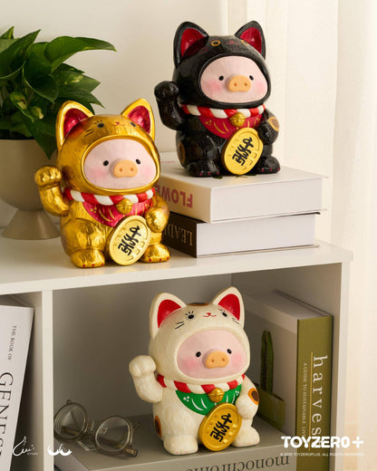 LuLu the Piglet - Maneki Lu (calico cat) — 18cm wooden sculpture