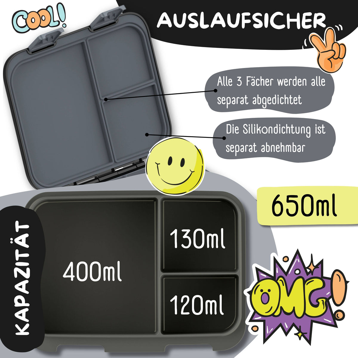 Brotdose mit Fächern, leicht & auslaufsicher - Game schwarz