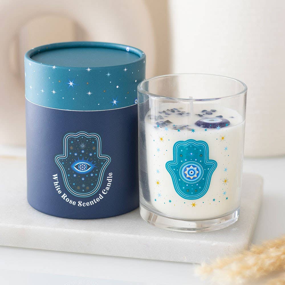 Bougie Main de Hamsa Rose Blanche avec Cristaux