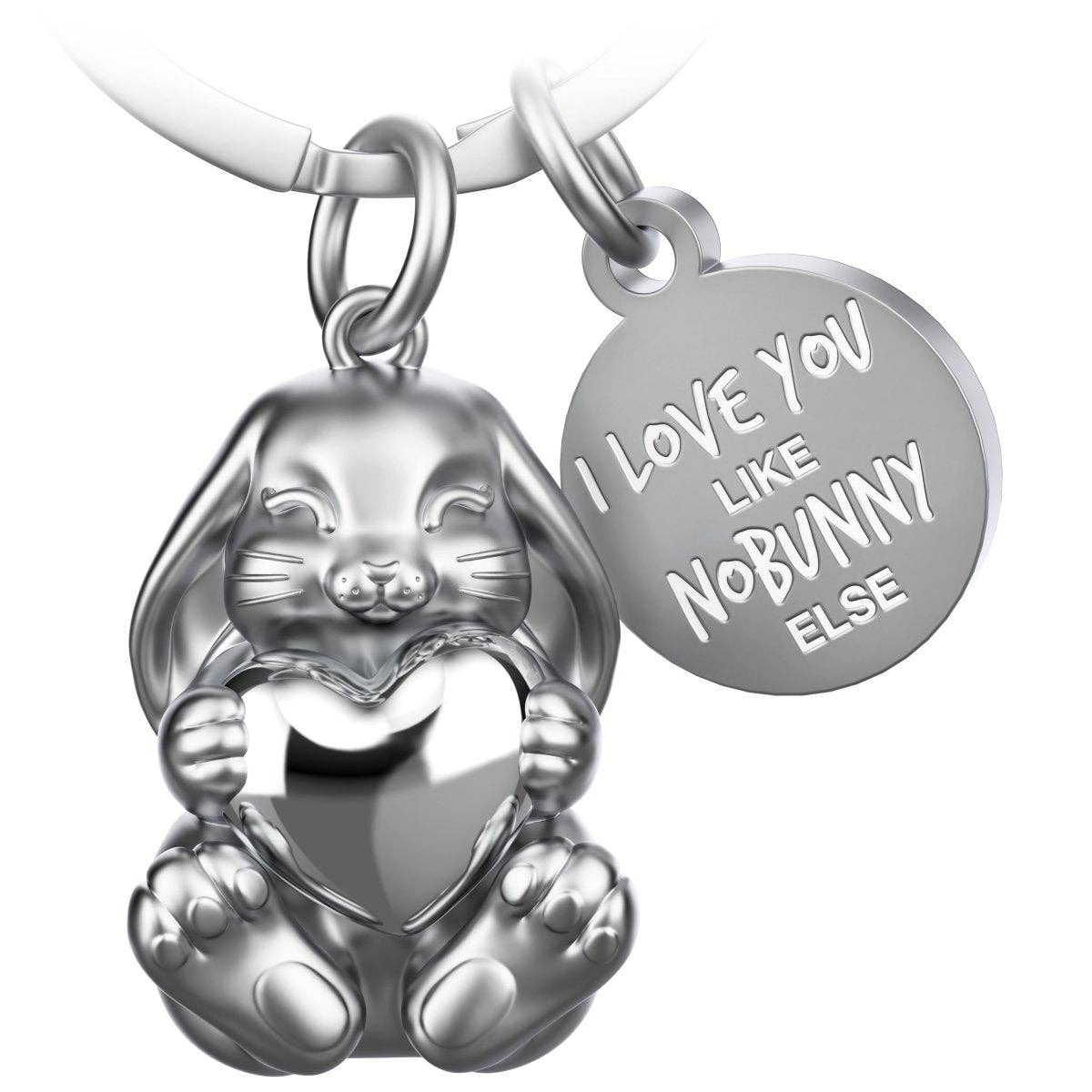 "I love you like no bunny else" bunny-shaped keychain with engraving. Cute lucky charm with a heart