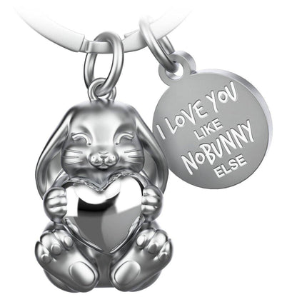 "I love you like no bunny else" bunny-shaped keychain with engraving. Cute lucky charm with a heart