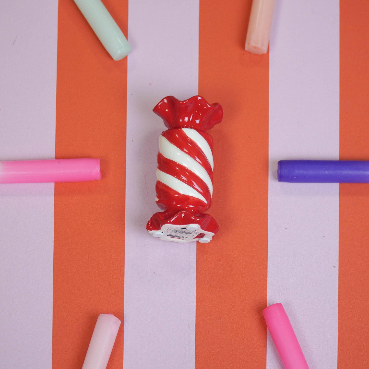 Bougeoir - Bonbon Toffee - Céramique - Rouge/Blanc - 7,5x7,5x13 cm