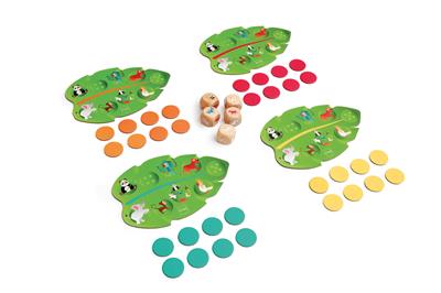 Scratch Jeu: JUNGLE YAM 18.2x12cm, avec 4 cartes en papier, 32 cartes de couverture et 5 dés en bois, en boîte forme 26.5x24.2x6.5cm, 4+