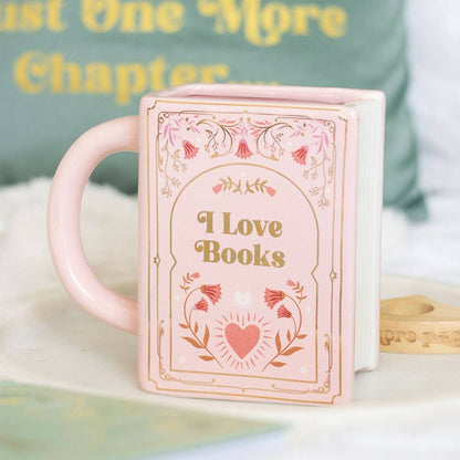“I Love Books” Book Shaped Mug Pink
